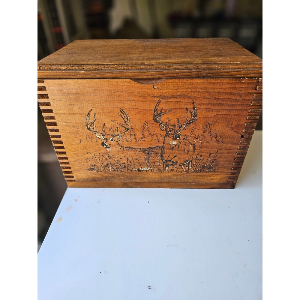 Vintage Rustic Wood Deer Buck Storage Box Hinged Lid Cabin Decor Made in USA